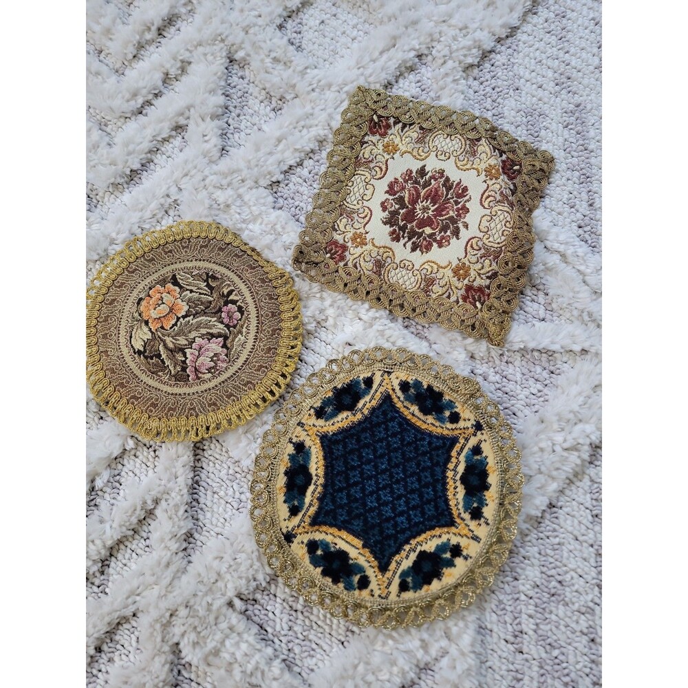 3 Vintage Belgium Brocade Tapestry Doilies